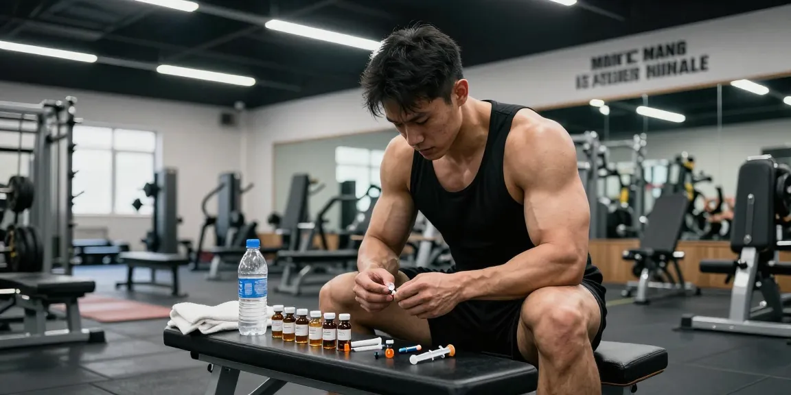 Anabole Steroide Vorbereitung im Anabolika Shop in einem modernen Fitnessstudio, das Fläschchen und Spritzen für ernsthafte Bodybuilder zeigt.
