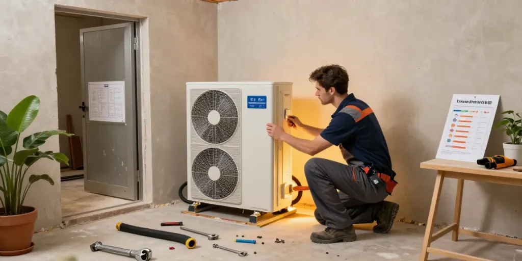 Installation von Geothermie Kosten in modernem Zuhause mit Techniker und Wärmepumpe.