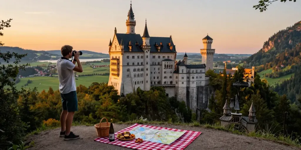Die Eltz Personal bietet atemberaubenden Blick auf die Eltz Burg umgeben von Wäldern während des Sonnenuntergangs.