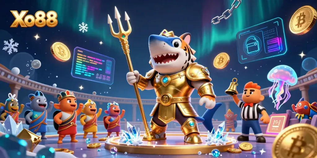 Join the excitement at Xo88 with a vibrant 3D shark warrior in a casino showdown.