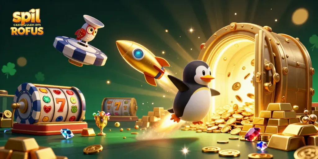 Engage in spil casino uden om ROFUS with a vibrant illustration featuring a rocket-powered penguin and golden treasures.