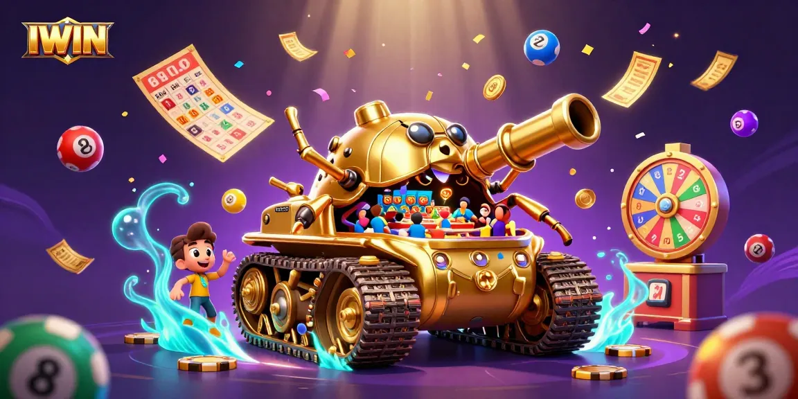 IWIN reveals a vibrant mini casino within a golden beetle tank, showcasing exciting gaming elements.
