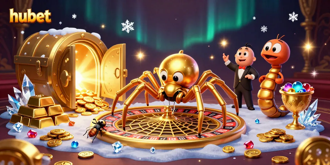 Place bets at hubet while a golden spider spins a roulette wheel web surrounded by treasures.