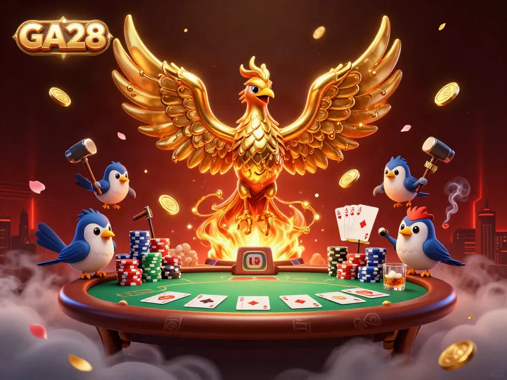 Experience exciting gameplay at GA28 with a golden phoenix and poker elements in dynamic casino scene.