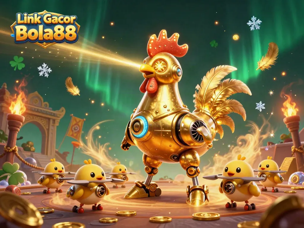 Experience the thrill of Link Gacor Bola88 with a golden rooster robot leading a dynamic gaming adventure.