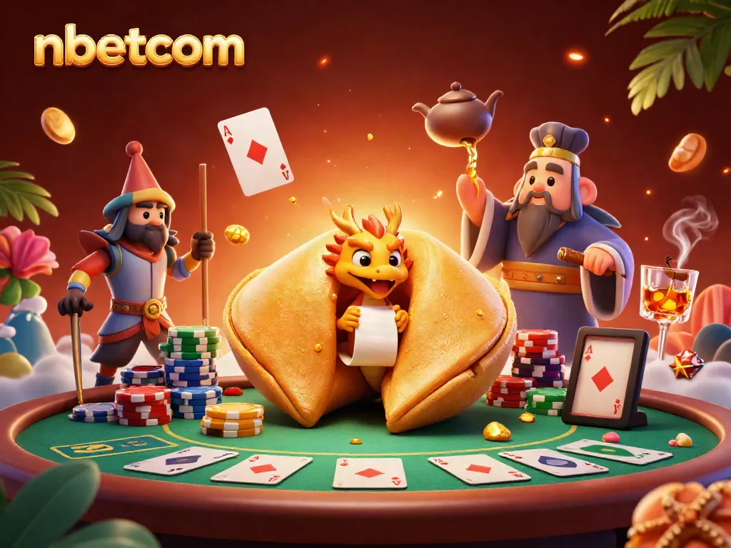 Experience nbetcom's dynamic casino scene with a golden fortune cookie and colorful game elements.