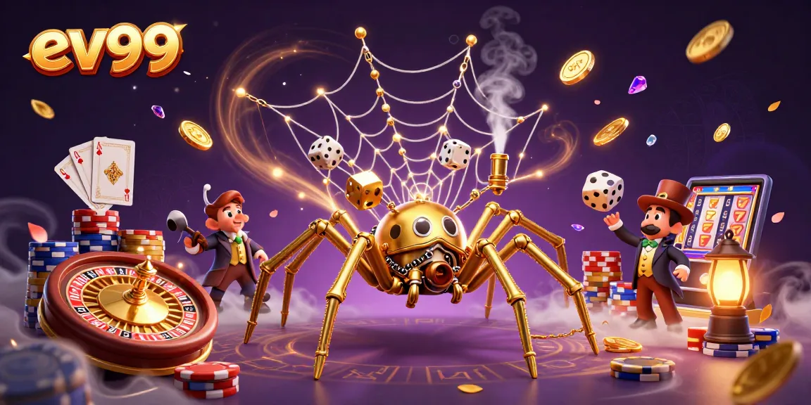 Ev99 showcases a vibrant casino scene with steampunk elements and dynamic game symbols.