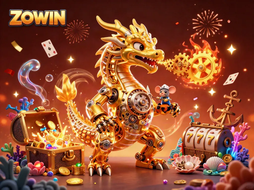 ZOWIN showcases a thrilling 3D scene with a golden dragon and rich casino game elements.