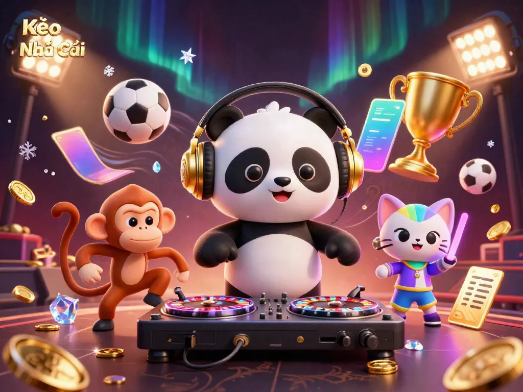 Kèo Nhà Cái scene showcasing a DJ panda spinning roulette wheels amidst sports balls and vibrant party elements