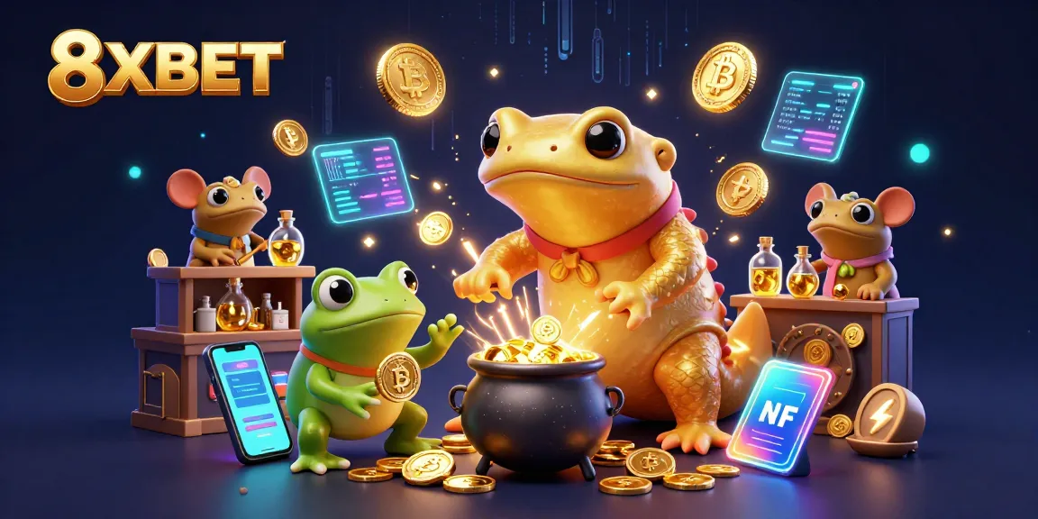 Engage in vibrant gaming with 8XBET's dynamic online experience featuring gold coins and crypto elements.