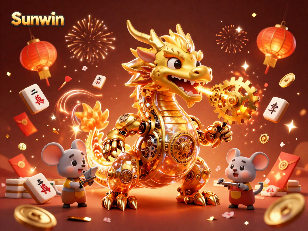 Engage with Sunwin's vibrant casino scene featuring a golden dragon and festive game elements.