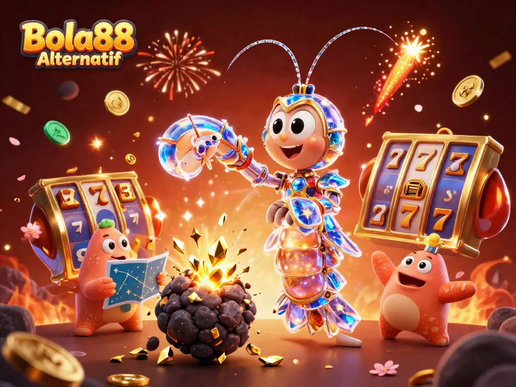 Bola88 Alternatif showcases a galactic samurai mantis shrimp battling an asteroid, revealing golden rewards in this vibrant casino-themed illustration.