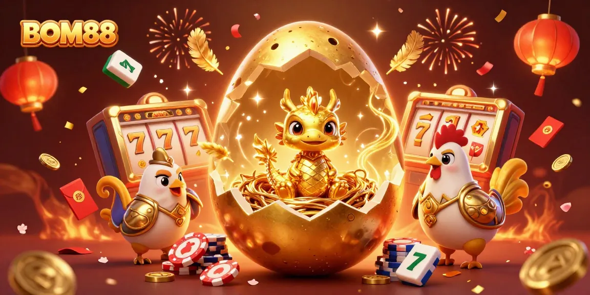 Experience BOM88's vibrant casino adventure with a golden dragon and festive gaming themes.