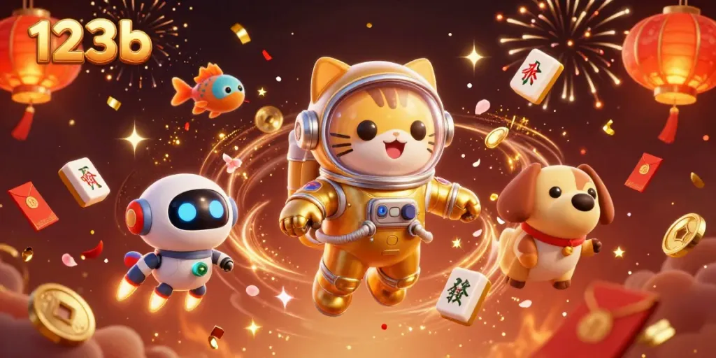 Explore thrilling adventures in the 123b casino realm, featuring a vibrant cat astronaut alongside celebrated game elements.