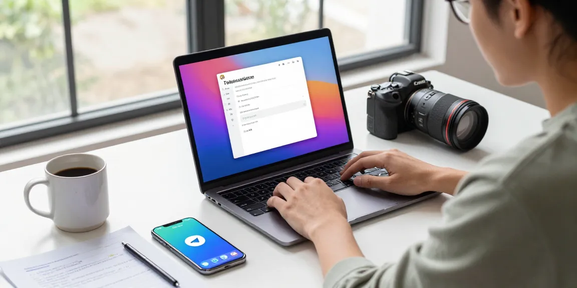 Customizing Telegram中文 settings on a laptop in a modern workspace filled with tech gadgets and notes.