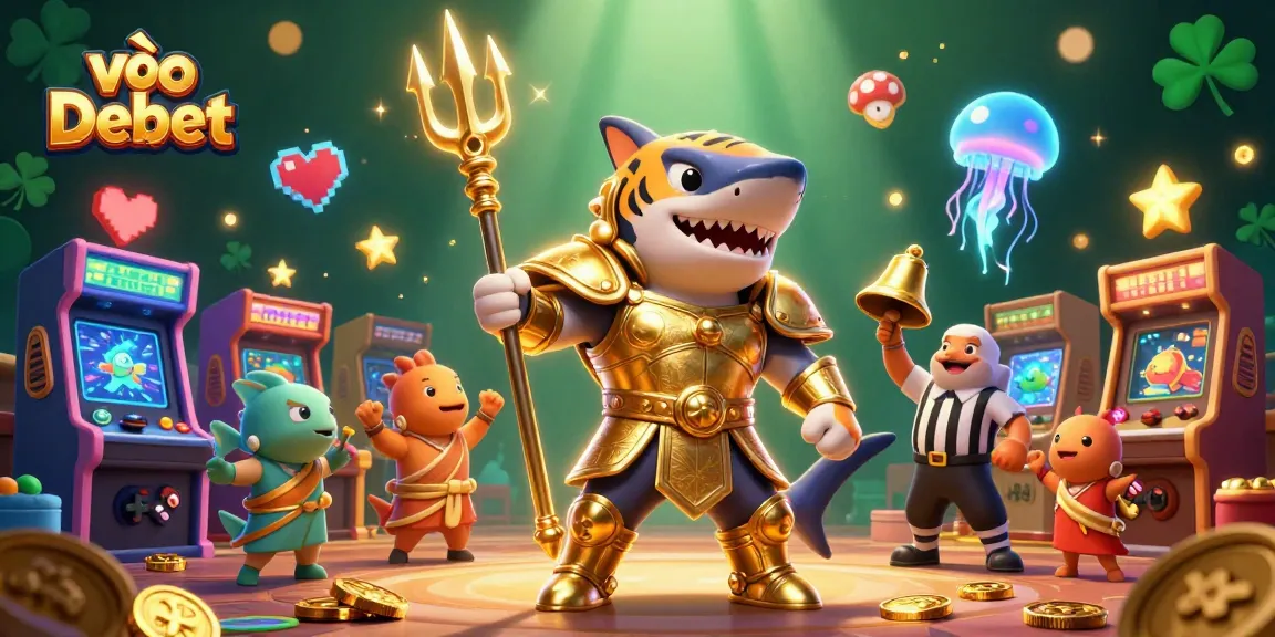 Engage with the vibrant world of vào Debet featuring a fearless shark and colorful gaming elements.