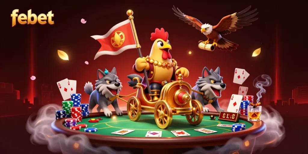 Experience thrilling gameplay with febet as a cartoon rooster warlord and wolves dominate the casino.
