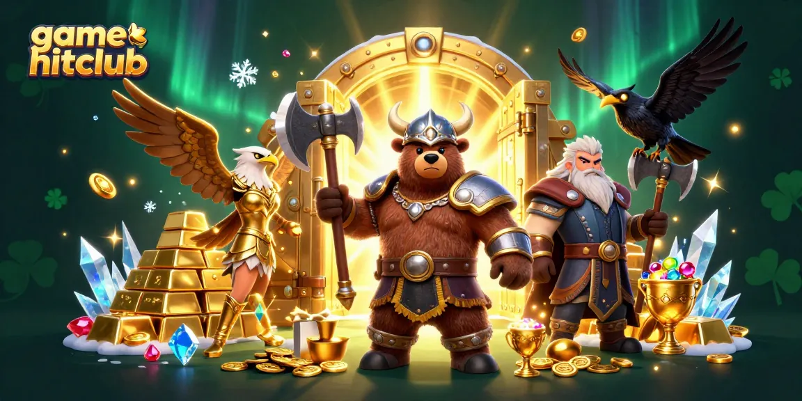 Win big playing game hitclub with a Viking bear and Valkyrie eagle amidst piles of treasure.