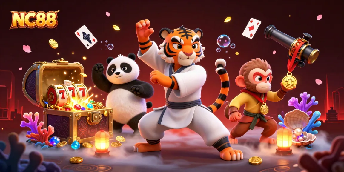 Experience NC88 excitement with the kung fu tiger, panda disciple, and monkey stealing wins in a dynamic casino scene.