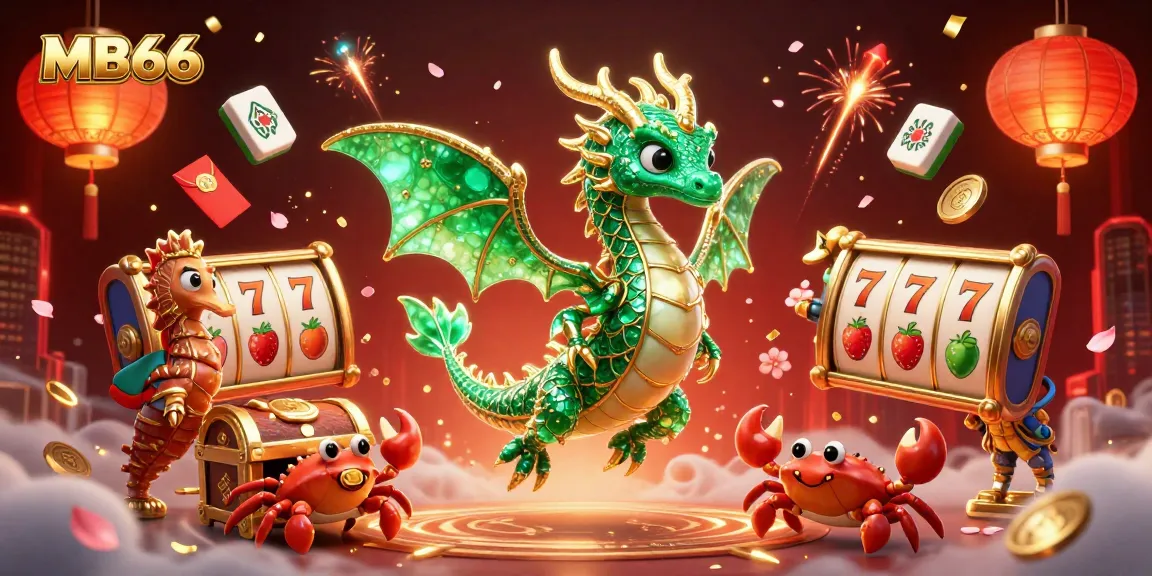Engage with thrilling MB66 casino excitement featuring a majestic sea dragon, vibrant slot reels, and festive elements.