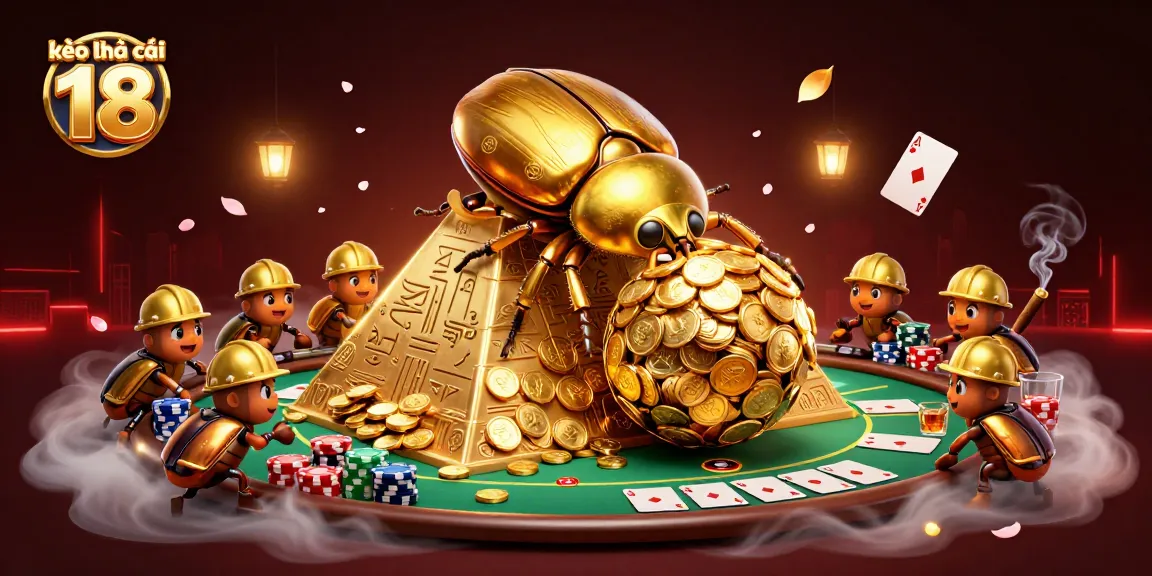 Engage in kèo nhà cái 18 with a vibrant scene featuring golden beetles and poker elements.