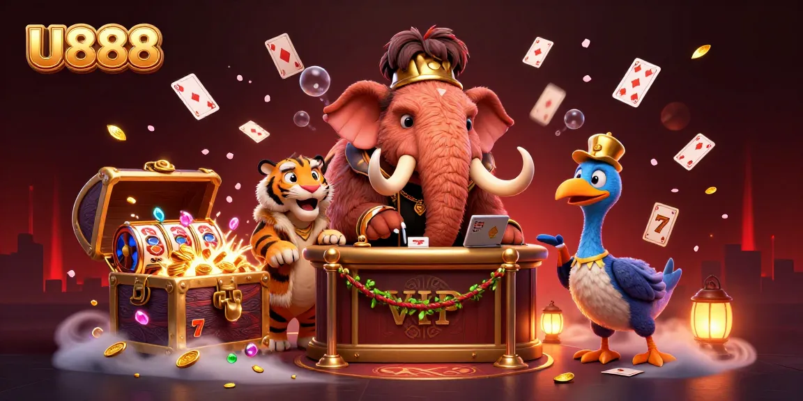 Join the excitement at U888 as a woolly mammoth checks IDs with golden tusks, amidst rich casino elements.
