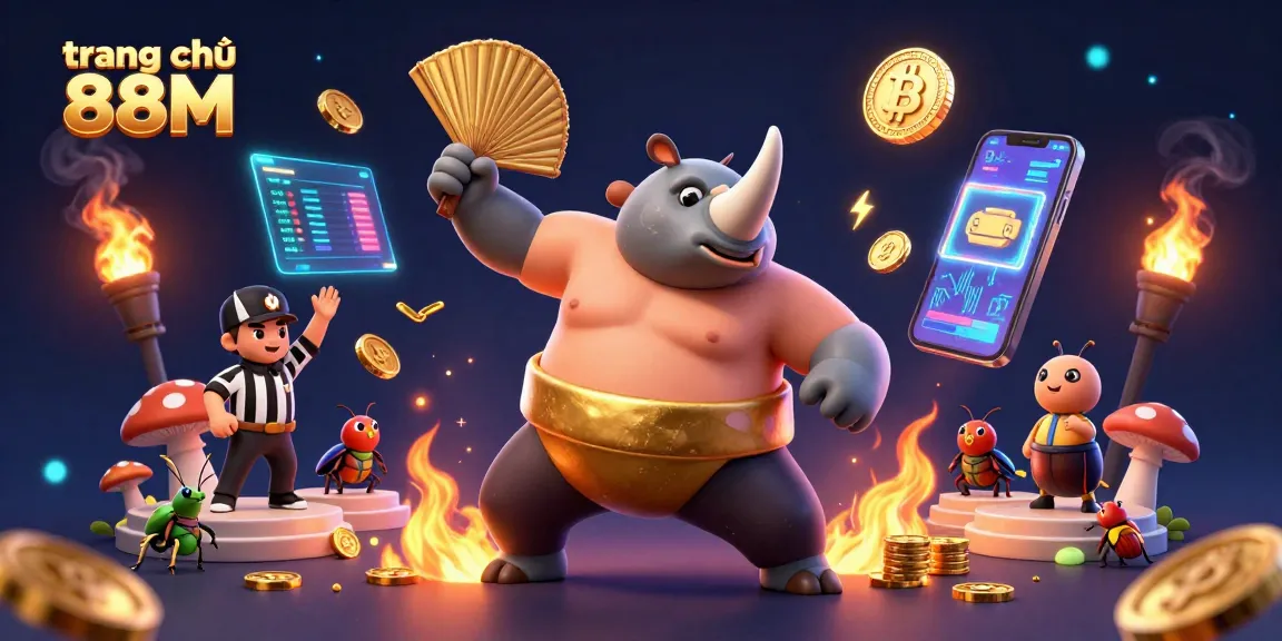 Experience excitement at trang chủ 88M with a dynamic casino scene featuring a sumo champion beetle and glowing crypto elements.