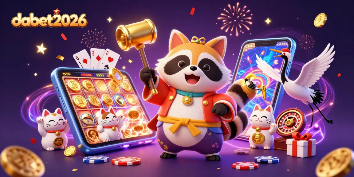 Engage with dabet2026's vibrant casino experience featuring a cheerful tanuki and dynamic gaming elements.