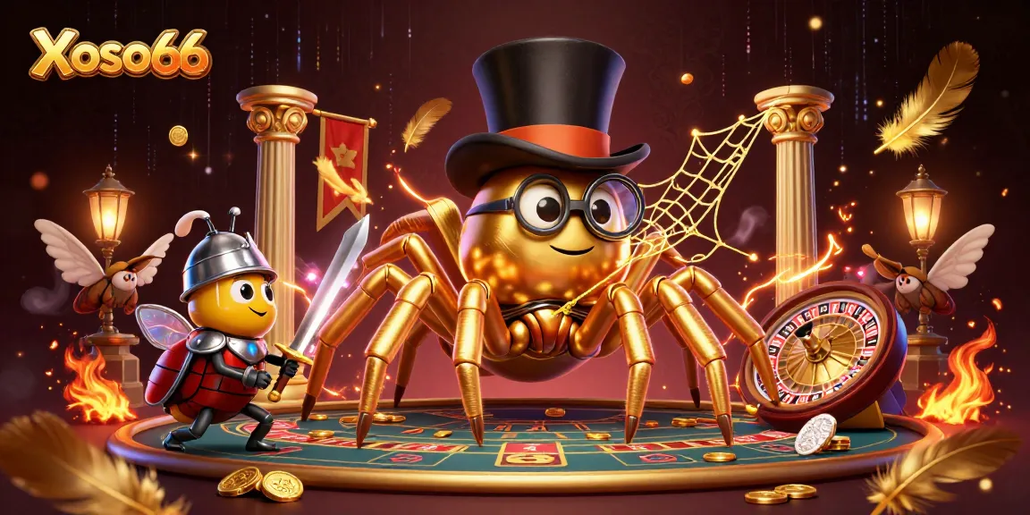 Xoso66 showcases a giant golden tarantula and knight in an exciting casino environment.