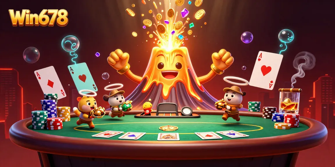 Win678 players unleashing fortunes from a golden volcano with poker elements in vibrant 3D
